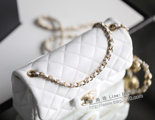 Chanel專櫃秋冬新色金球包白色小羊皮口蓋包 香奈兒菱格紋小金球cf鏈條女包 djc5268